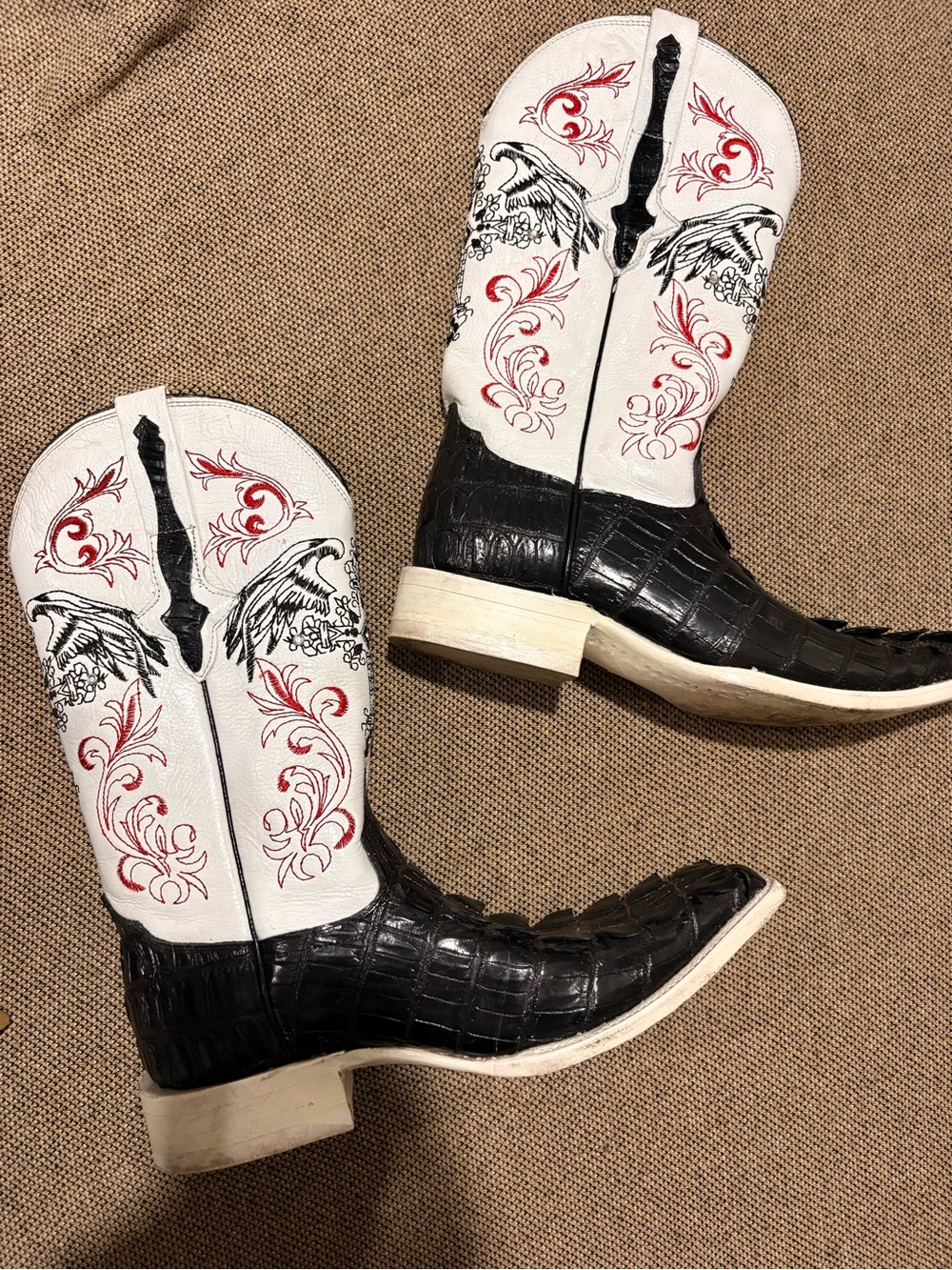 El General Black Croc Foot White Shaft Cowboy Boots with Red & Black Embroidery